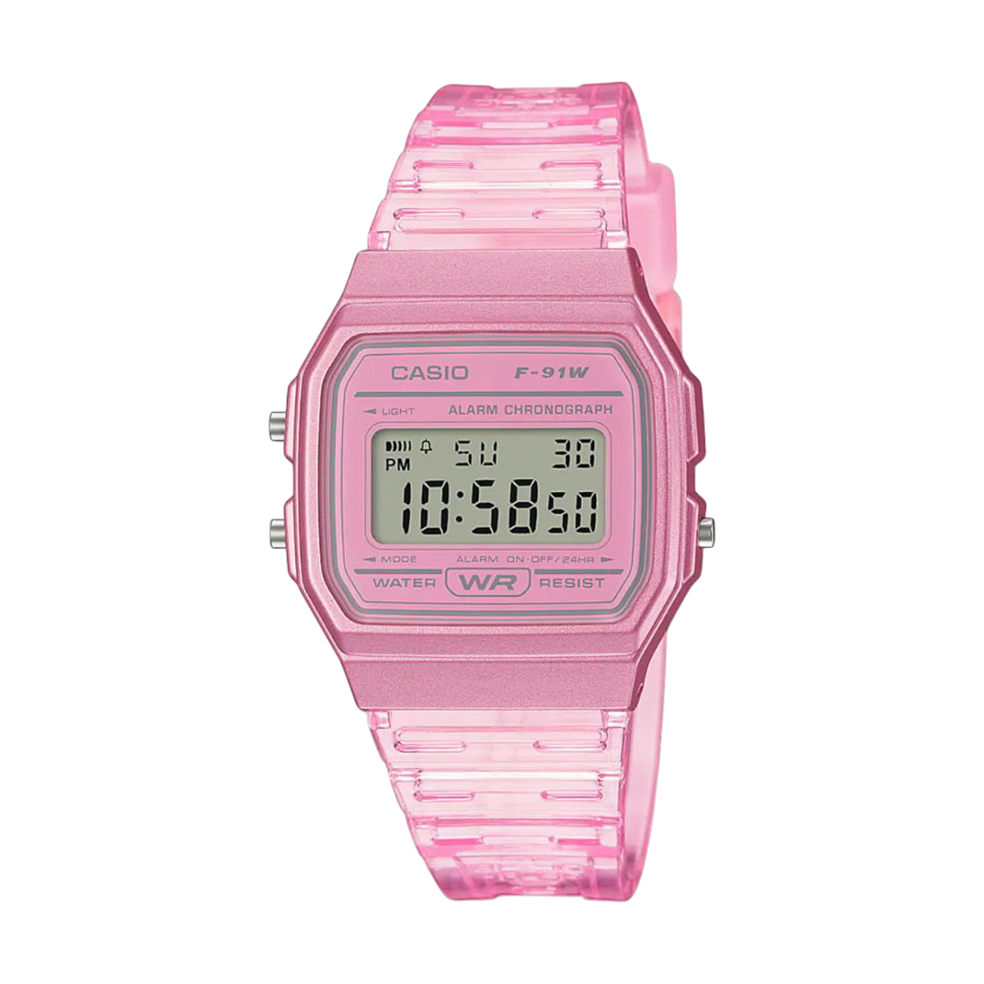 Casio Pink Transparent Digital Watch with Stopwatch and Alarm F-91WS-4