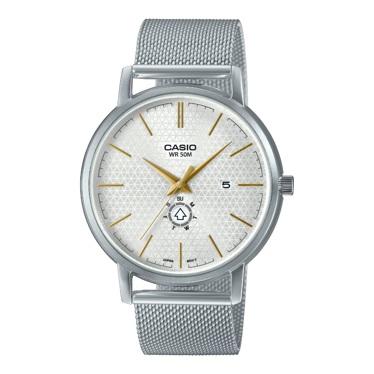 Casio Silver Analog Watch with White Dial and Stainless Steel Mesh Band MTP-B125M-7A