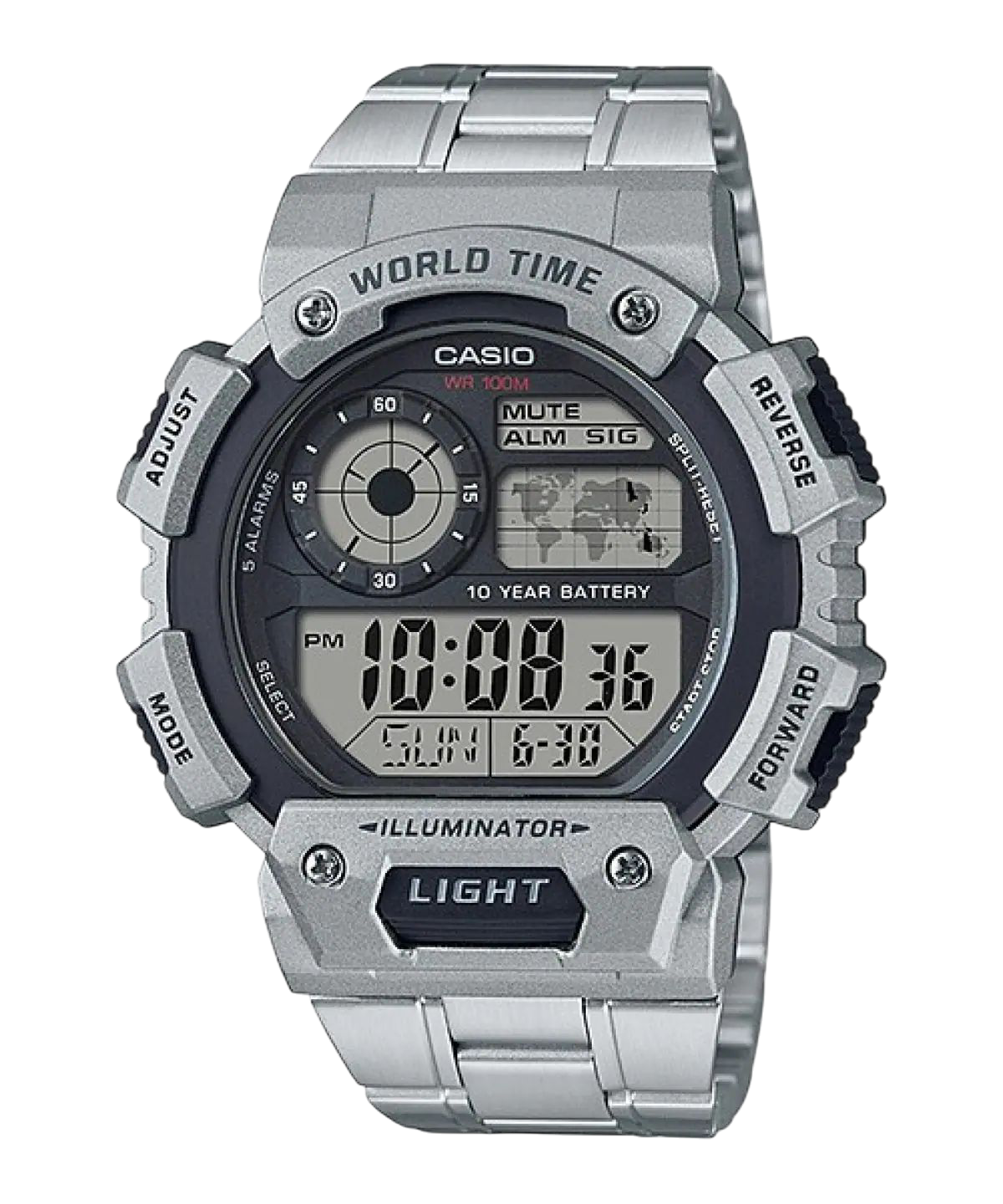Casio Silver Digital Watch with World Time and Stainless Steel Band AE-1400WHD-1A
