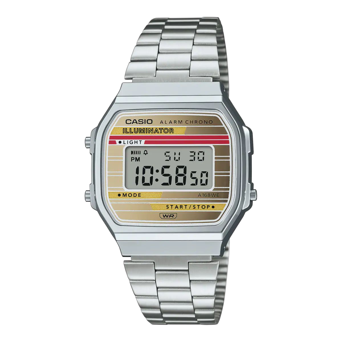 Casio Gold Digital Watch with Stainless Steel Band and Mirror Finish Dial A168WEHA-9A
