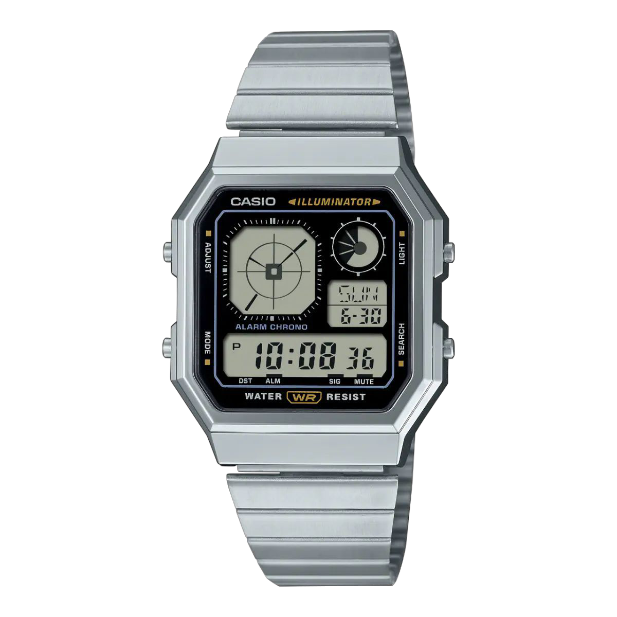 Casio Silver Digital Watch with Retro Design and Stainless Steel Band A130WE-1A