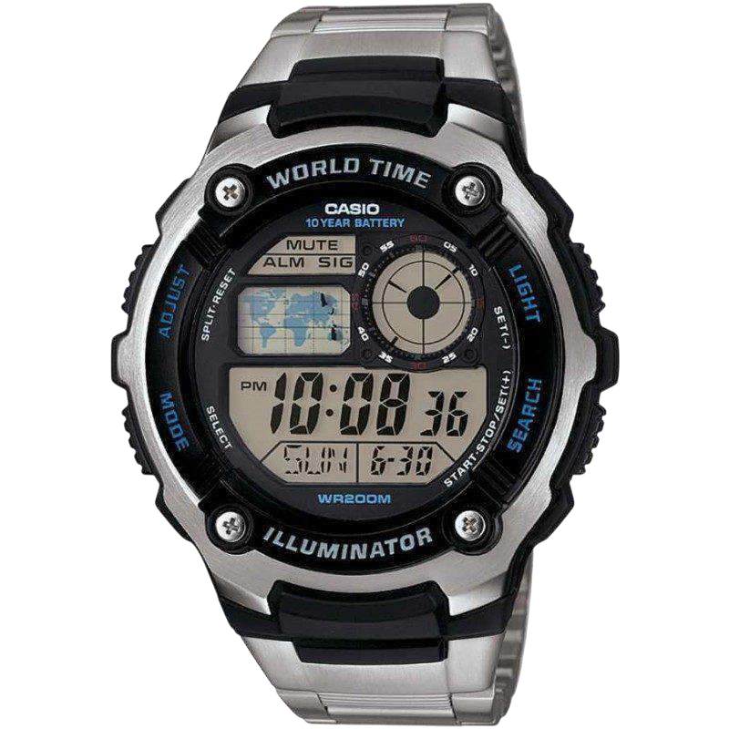 Casio Silver Digital Watch with World Time and Stainless Steel Band AE-2100WD-1A