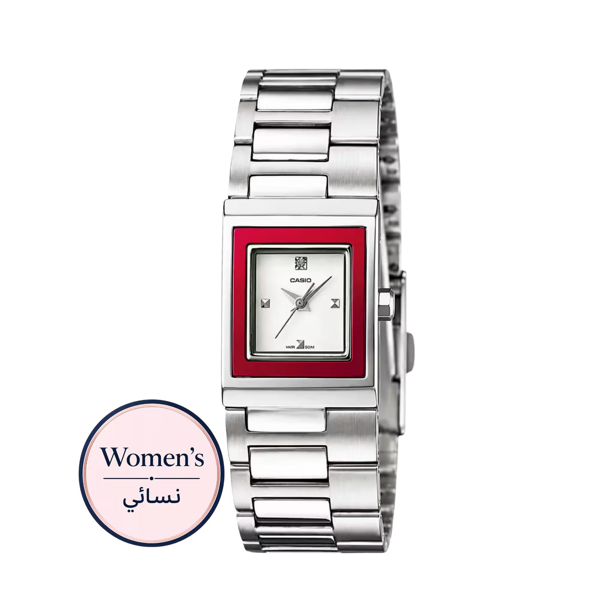 Casio LTP-1317D-4C Women's Pink Bezel White Dial Silver Steel Watch