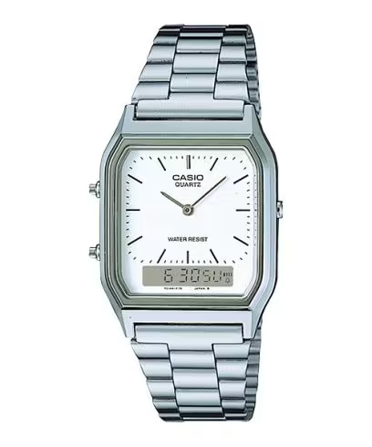 Casio Silver Digital-Analog Watch with White Dial and Stainless Steel Band AQ-230A-7DMQ