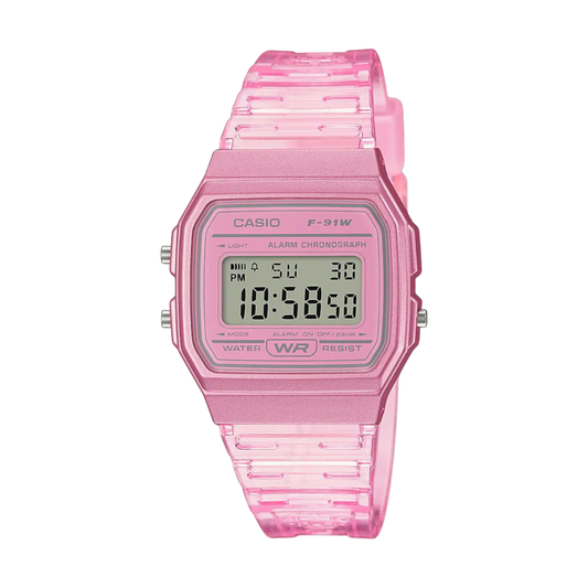 Casio Pink Transparent Digital Watch with Stopwatch and Alarm F-91WS-4