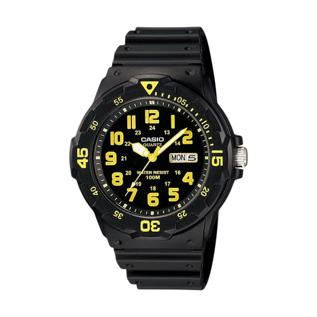 Casio Black Analog Watch with Yellow Dial and Water Resistance MRW-200H-9BV
