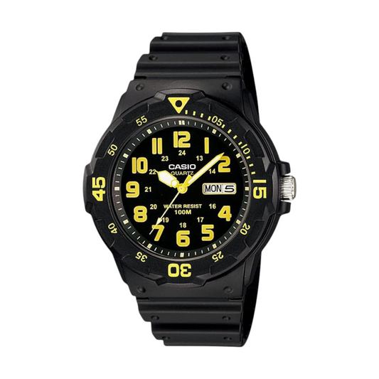 Casio Black Analog Watch with Yellow Dial and Water Resistance MRW-200H-9BV