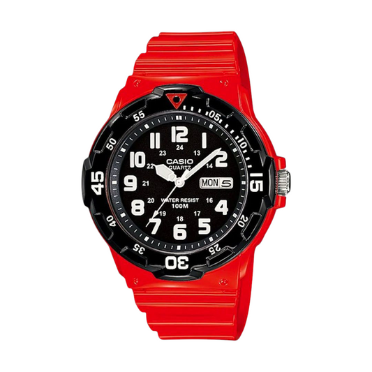 Casio Red Analog Watch with Black Bezel and Water Resistance MRW-200HC-4BV