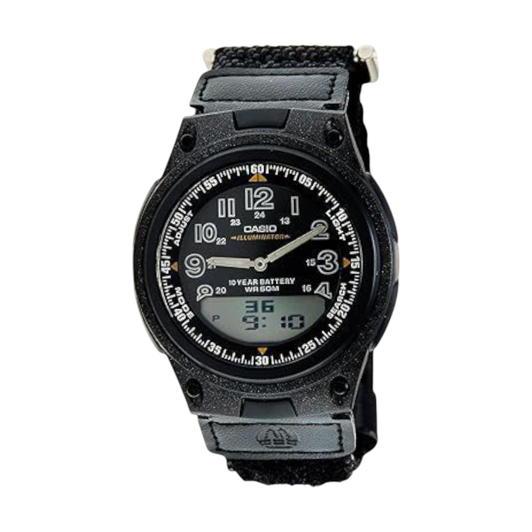 Casio Black Digital-Analog Watch with World Time and Cloth Band AW-80V-1BV