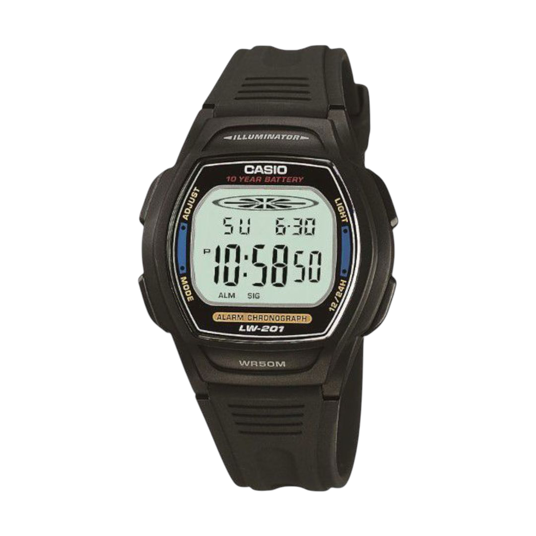 Casio Black Digital Watch with LED Backlight and Dual Time LW-201-2AV