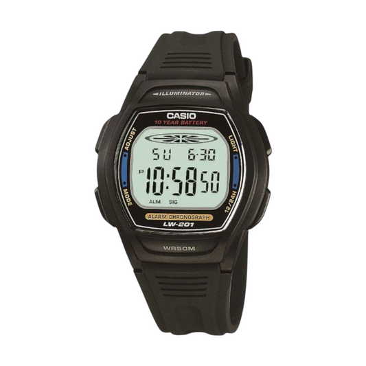 Casio Black Digital Watch with LED Backlight and Dual Time LW-201-2AV