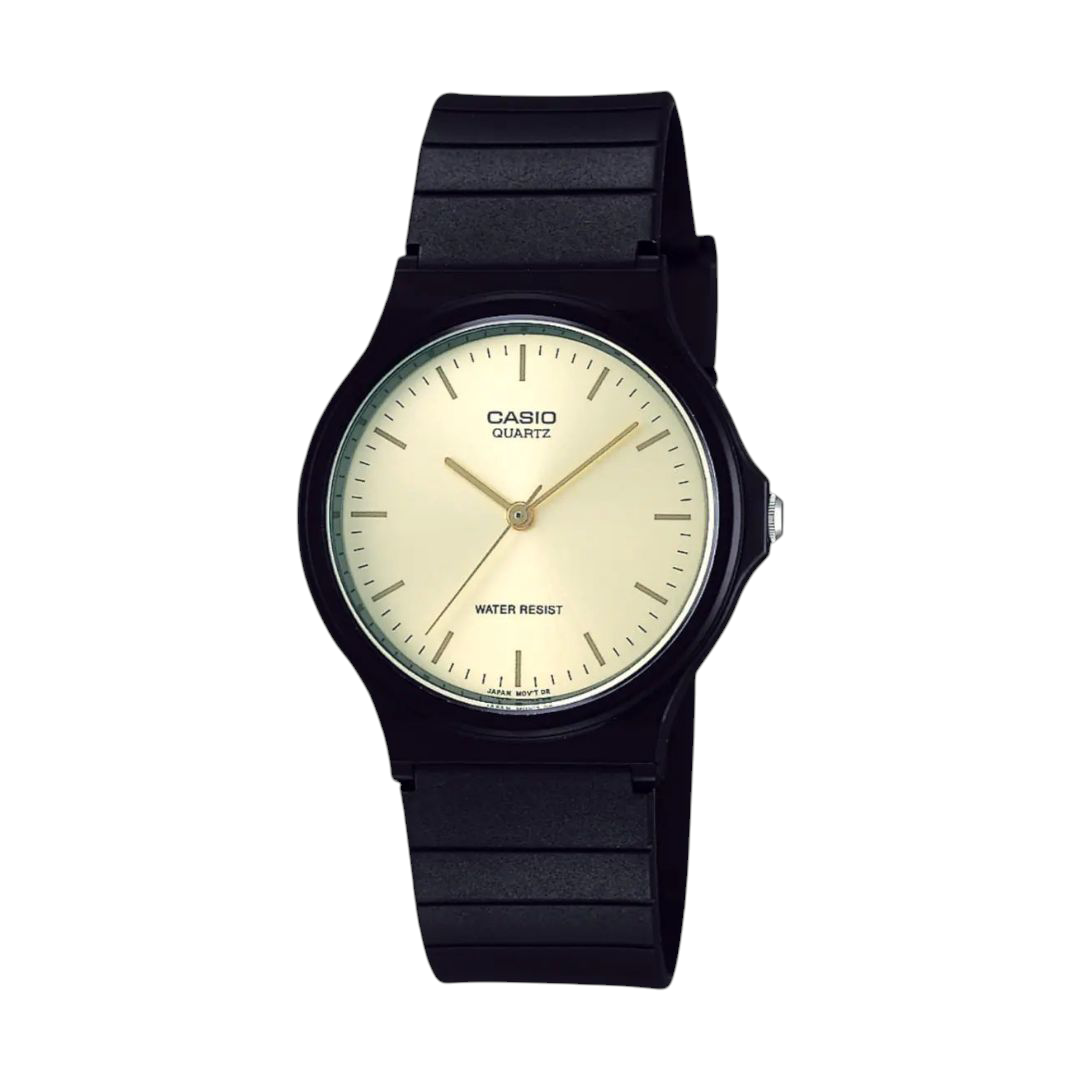 Casio Black Analog Watch with Golden Dial and Minimalist Design MQ-24-9EL