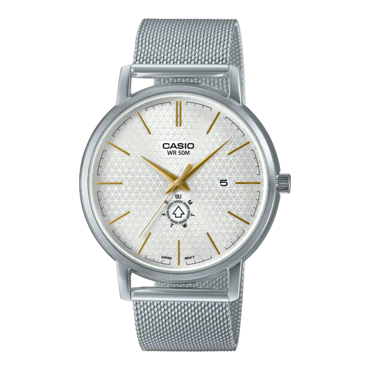 Casio Silver Analog Watch with White Dial and Stainless Steel Mesh Band MTP-B125M-7A