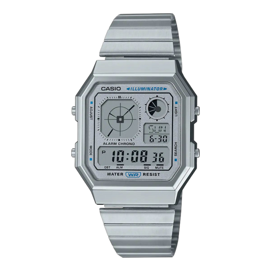 Casio Silver Digital Watch with White Dial and Stainless Steel Band A130WE-7A