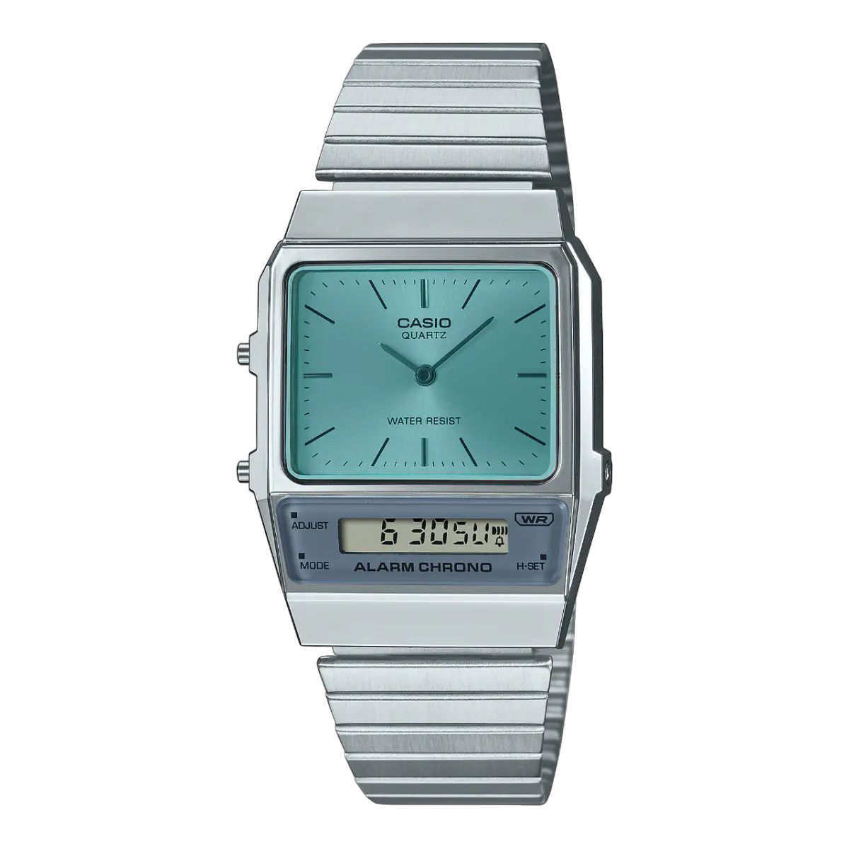 Casio Silver Digital-Analog Watch with Blue Dial and Stainless Steel Band AQ-800EC-2A