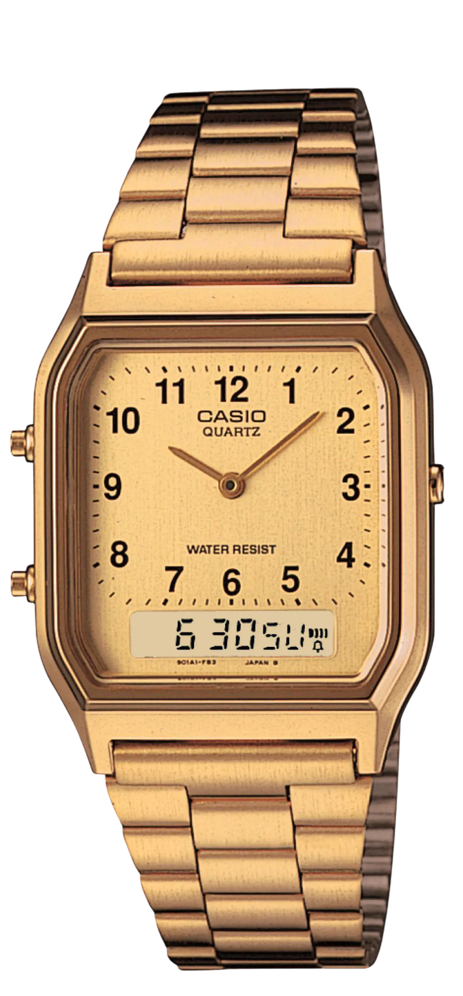Casio Gold Digital-Analog Watch with Champagne Dial and Stainless Steel Band AQ-230GA-9B