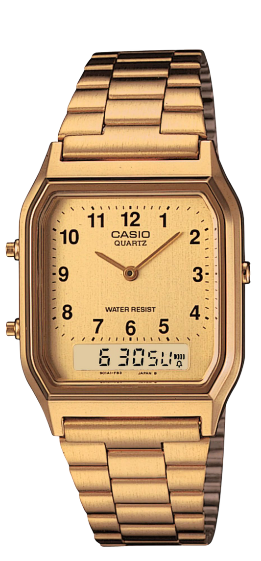 Casio Gold Digital-Analog Watch with Champagne Dial and Stainless Steel Band AQ-230GA-9B