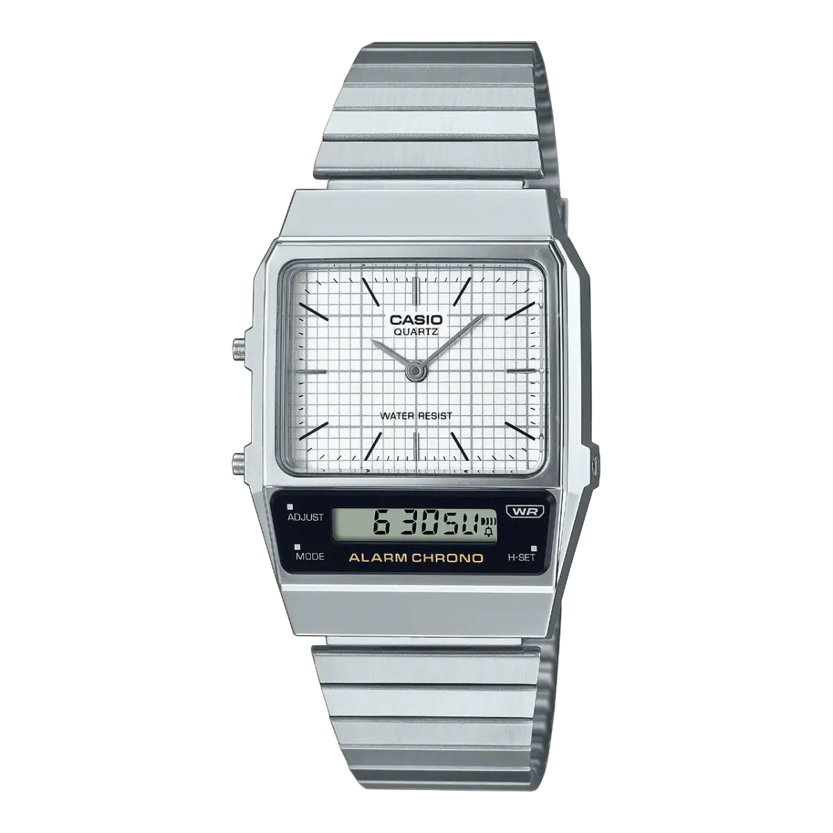 Casio Silver Digital-Analog Watch with White Dial and Stainless Steel Band AQ-800E-7A
