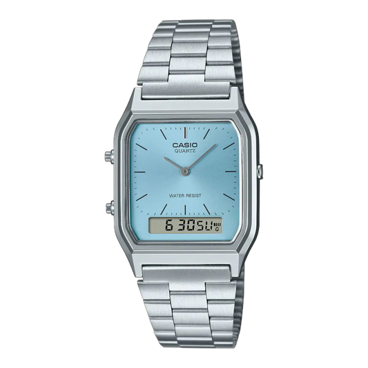 Casio Silver Digital-Analog Watch with Blue Dial and Stainless Steel Band AQ-230A-2A1MQYDF