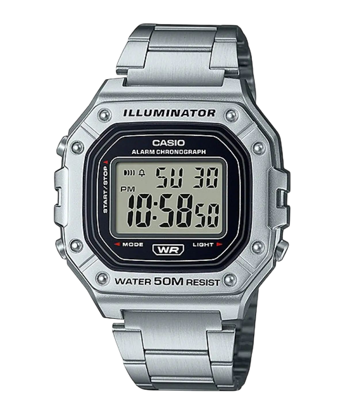 Casio Black Digital Watch with Silver Stainless Steel Band W-218HD-1A