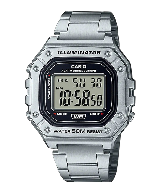 Casio Black Digital Watch with Silver Stainless Steel Band W-218HD-1A