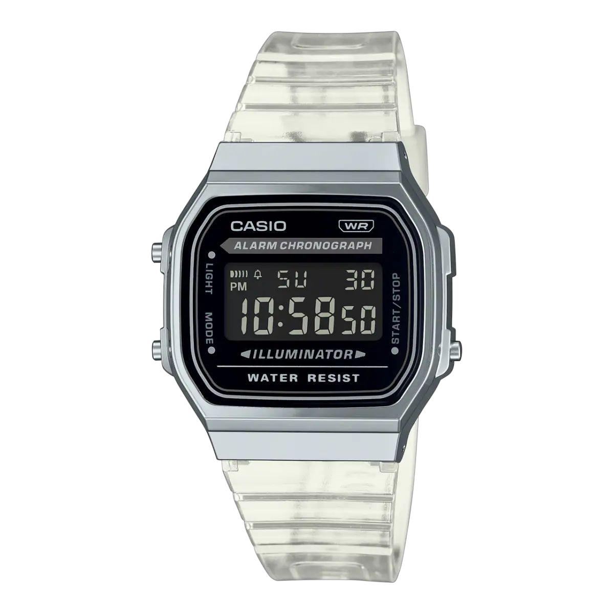 Casio Black Digital Watch with Transparent Band and Retro Design A168XES-1B