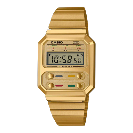 Casio Gold Digital Watch with Retro Design and Stainless Steel Band A100WEG-9A
