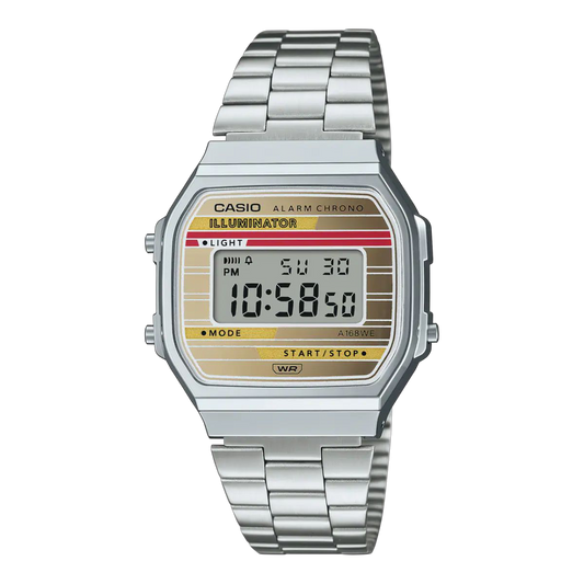 Casio Gold Digital Watch with Stainless Steel Band and Mirror Finish Dial A168WEHA-9A