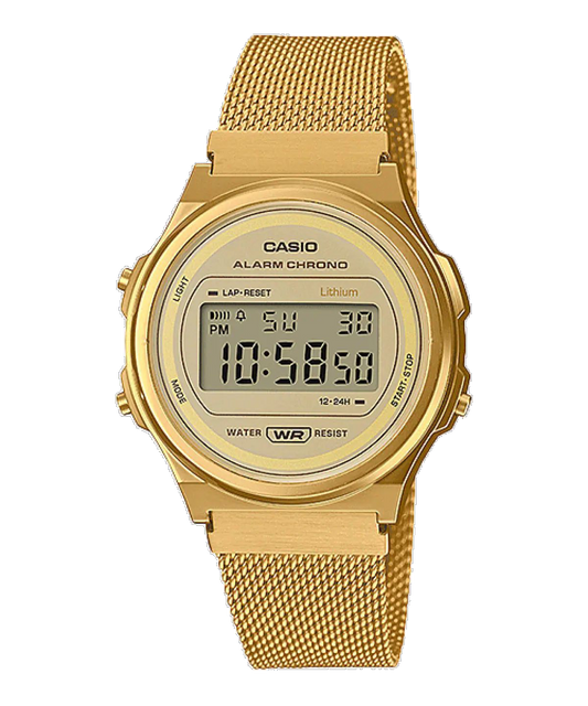 Casio Gold Digital Watch with Stainless Steel Mesh Band A171WEMG-9A