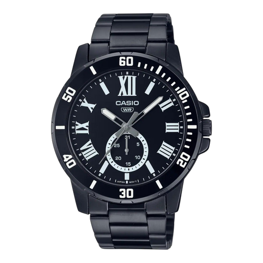 Casio Black Analog Watch with Date Display and Black Ion-Plated Band MTP-VD200B-1B