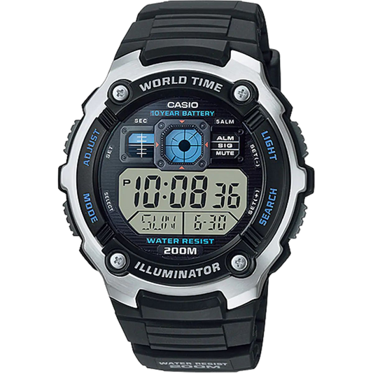 Casio Black Digital Watch with World Time and Resin Band AE-2000W-1A