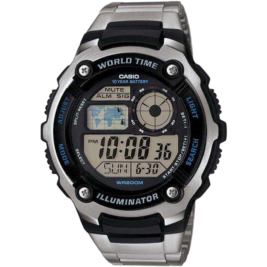 Casio Silver Digital Watch with World Time and Stainless Steel Band AE-2100WD-1A