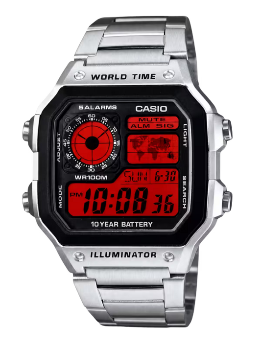 Casio Customized "RED" Edition Silver Steel Watch- AE-1200WHD