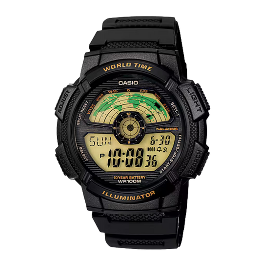 Casio AE-1100W-1BV Black Resin World Time Digital Watch