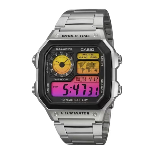 ساعة كاسيو AE-1200WHD بتعديل Sunset المخصص، ستانلس ستيل فضي