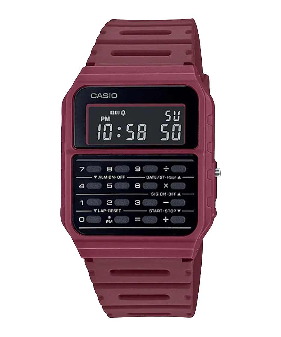 Casio digital resin strap watch with calculator and red dial CA-53WF-4B