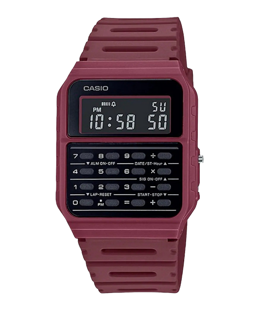 Casio digital resin strap watch with calculator and red dial CA-53WF-4B