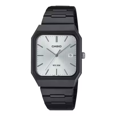 ساعة كاسيو MTP-B185 سوداء من الفولاذ المقاوم للصدأ، مينا أبيض، تناظرية - MTP-B185B-7A